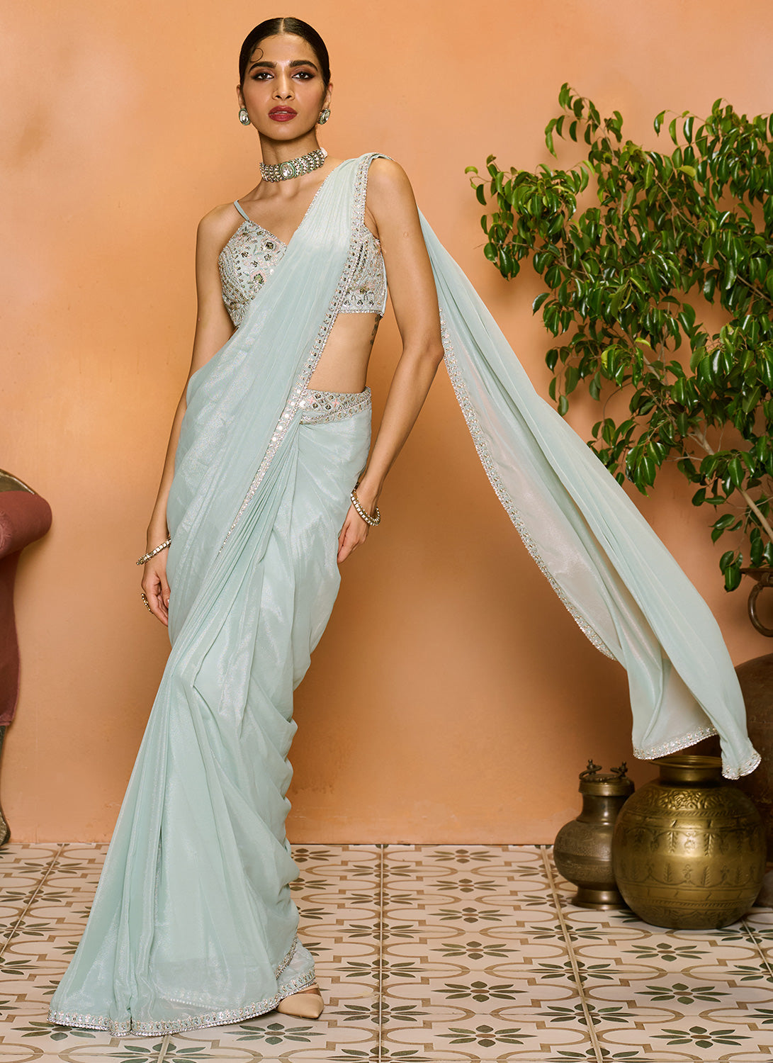 Dusty Mint Embroidered Georgette Saree