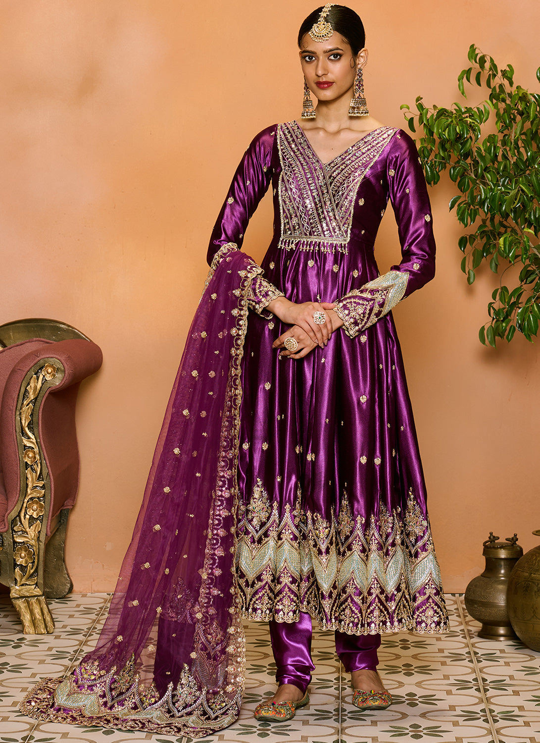 Purple Embroidered Satin Anarkali