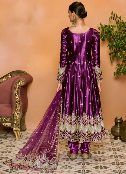 Purple Embroidered Satin Anarkali