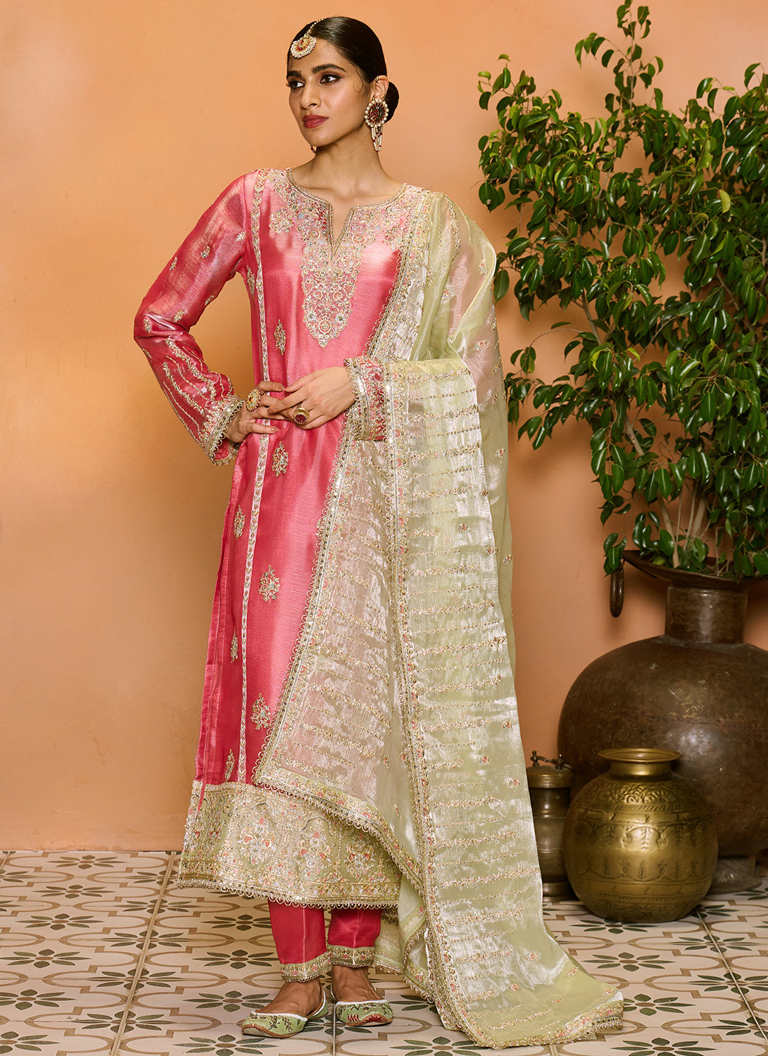 Pink and Light Green Embroidered Straight Suit