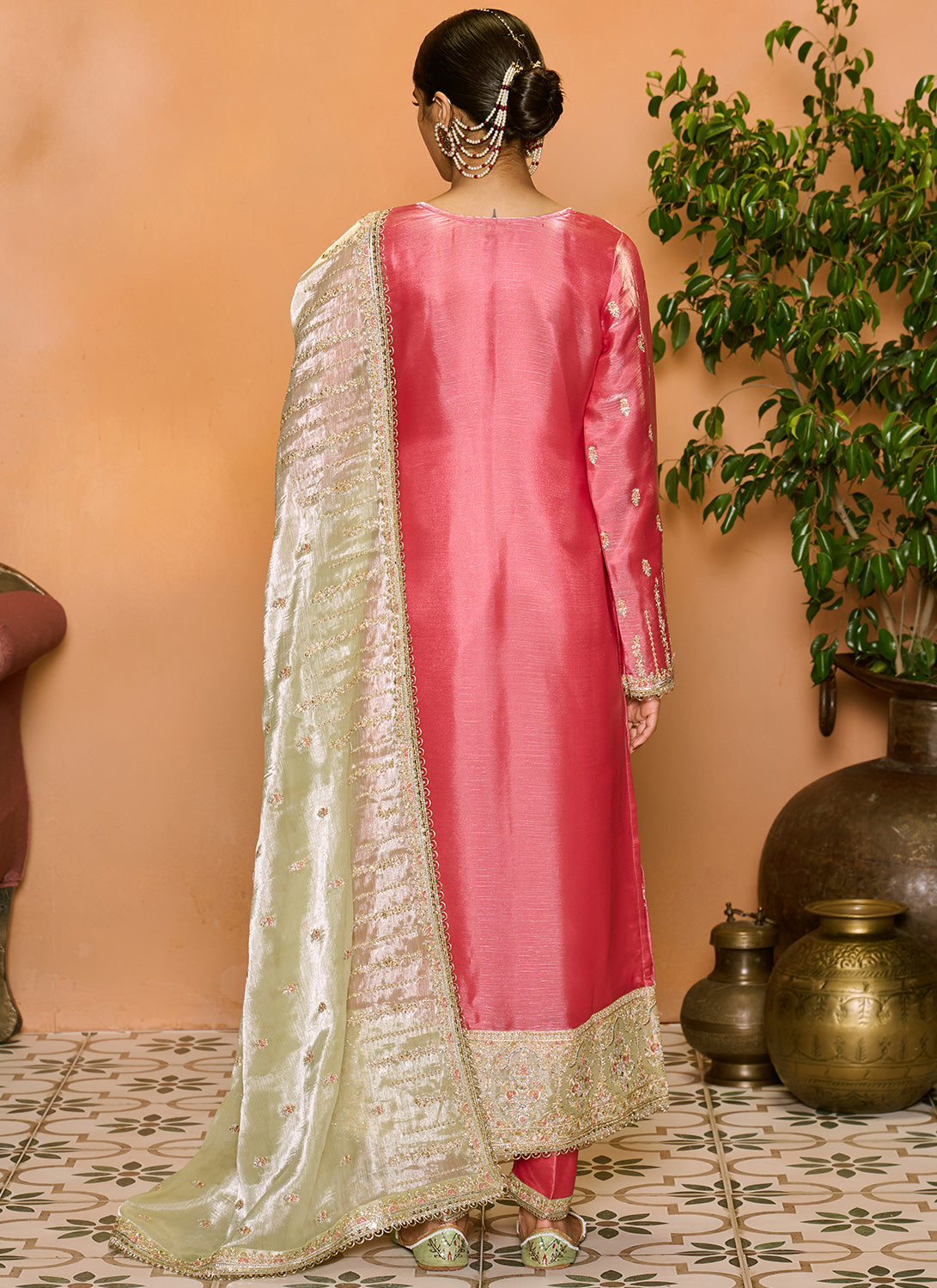 Pink and Light Green Embroidered Straight Suit