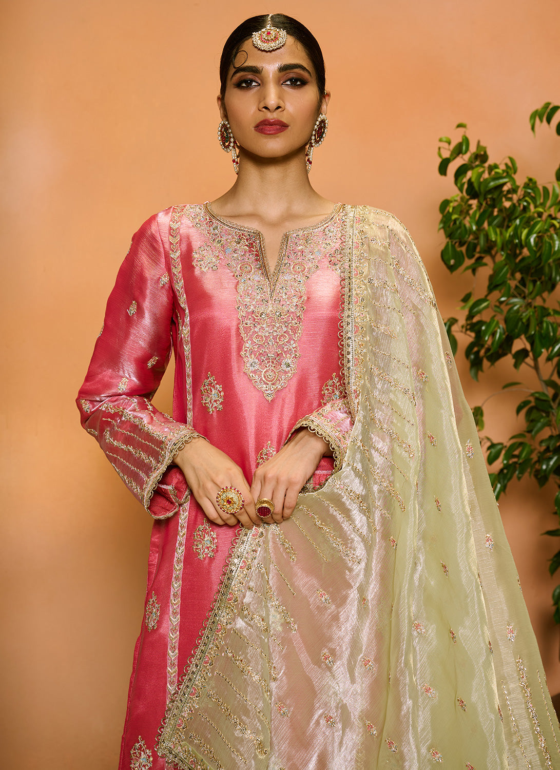 Pink and Light Green Embroidered Straight Suit