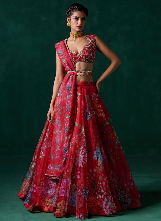 Red Multicolor Floral Printed Lehenga