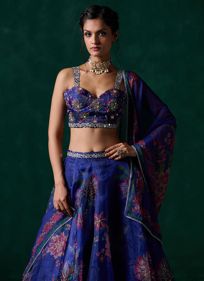 Royal Blue Multicolor Floral Printed Lehenga