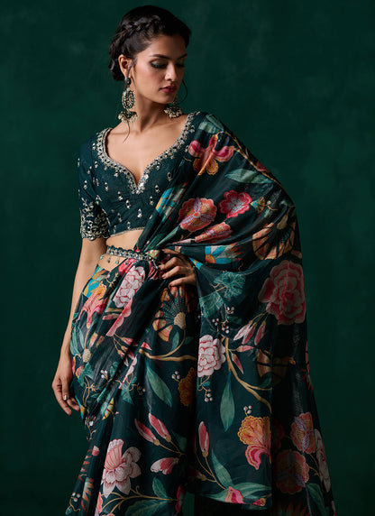 Emerald Green Multicolor Floral Printed Saree