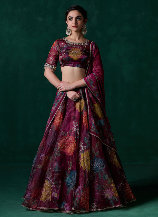 Wine Multicolor Floral Printed Lehenga