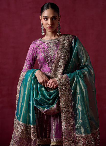 Purple Embroidered Peplum Style Gharara