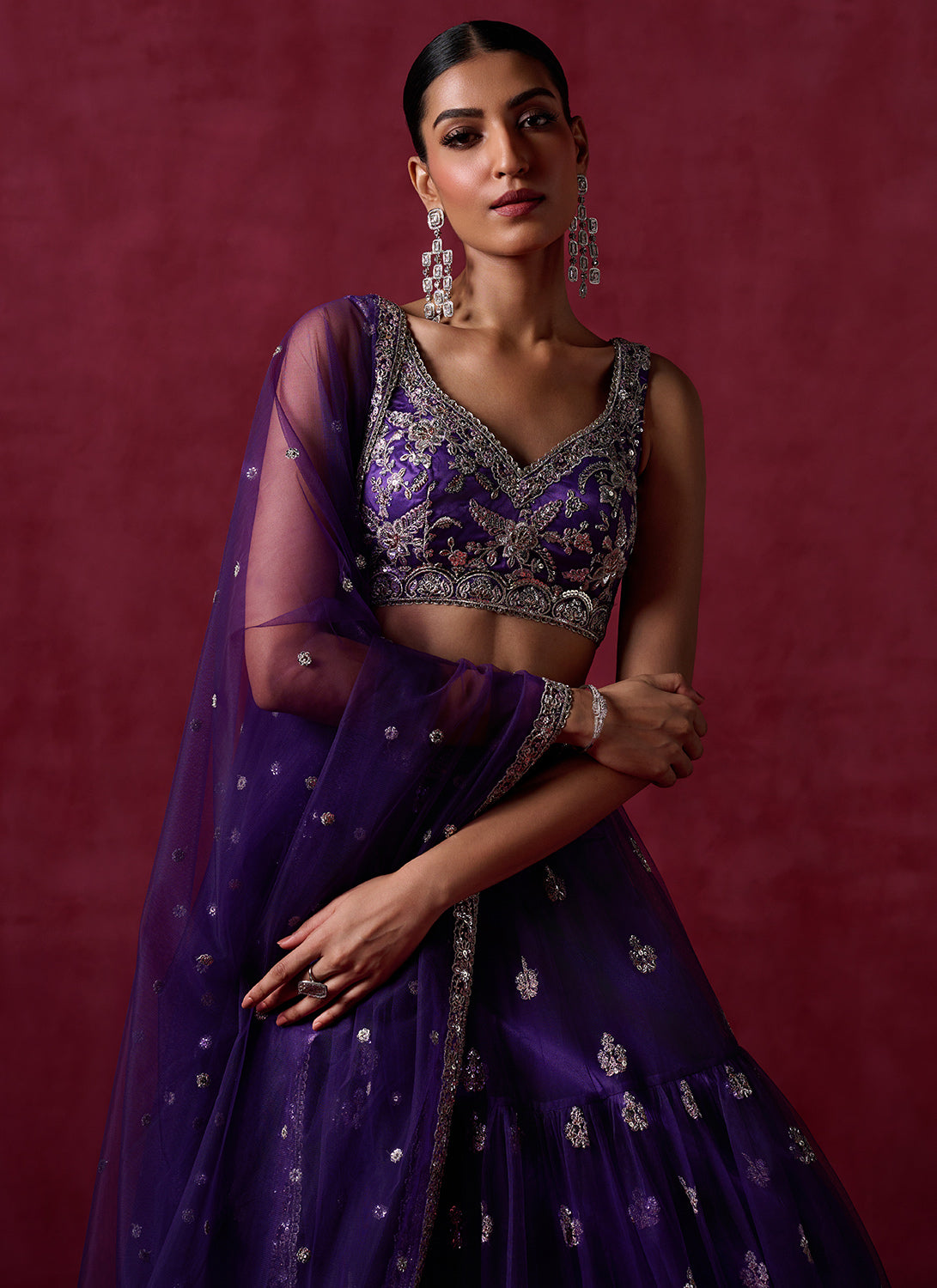 Purple Embroidered Net Lehenga