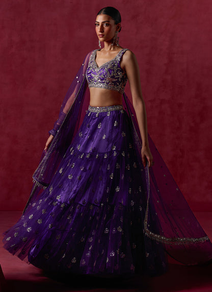 Purple Embroidered Net Lehenga