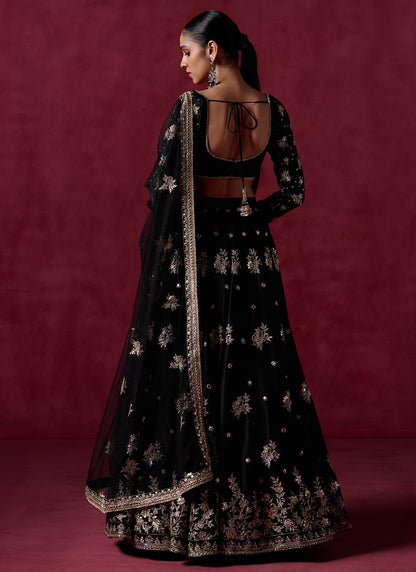 Black Embroidered Satin Lehenga