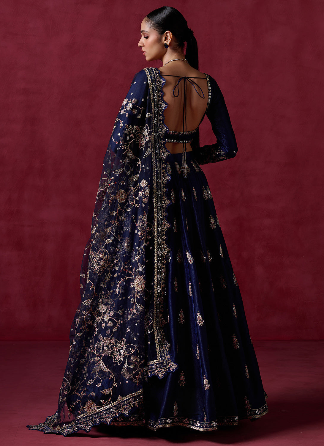 Navy Blue Embroidered Satin Lehenga