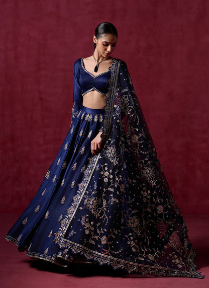 Navy Blue Embroidered Satin Lehenga