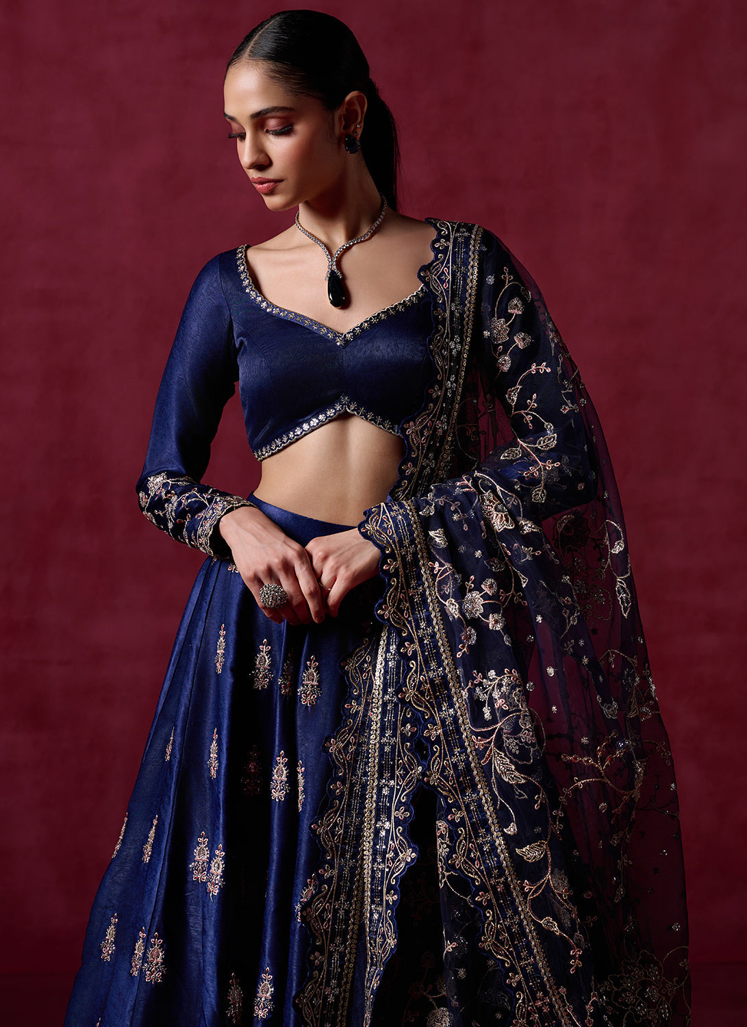 Navy Blue Embroidered Satin Lehenga