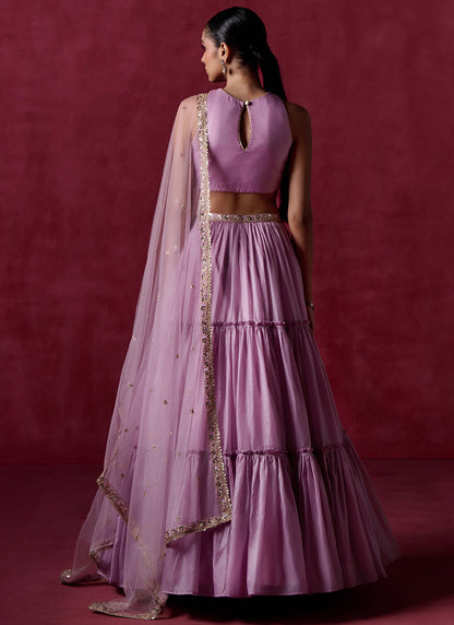 Pink Lavender Embroidered Organza Lehenga