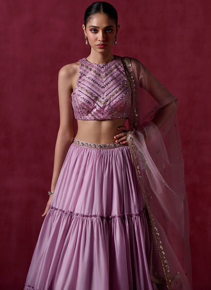 Pink Lavender Embroidered Organza Lehenga