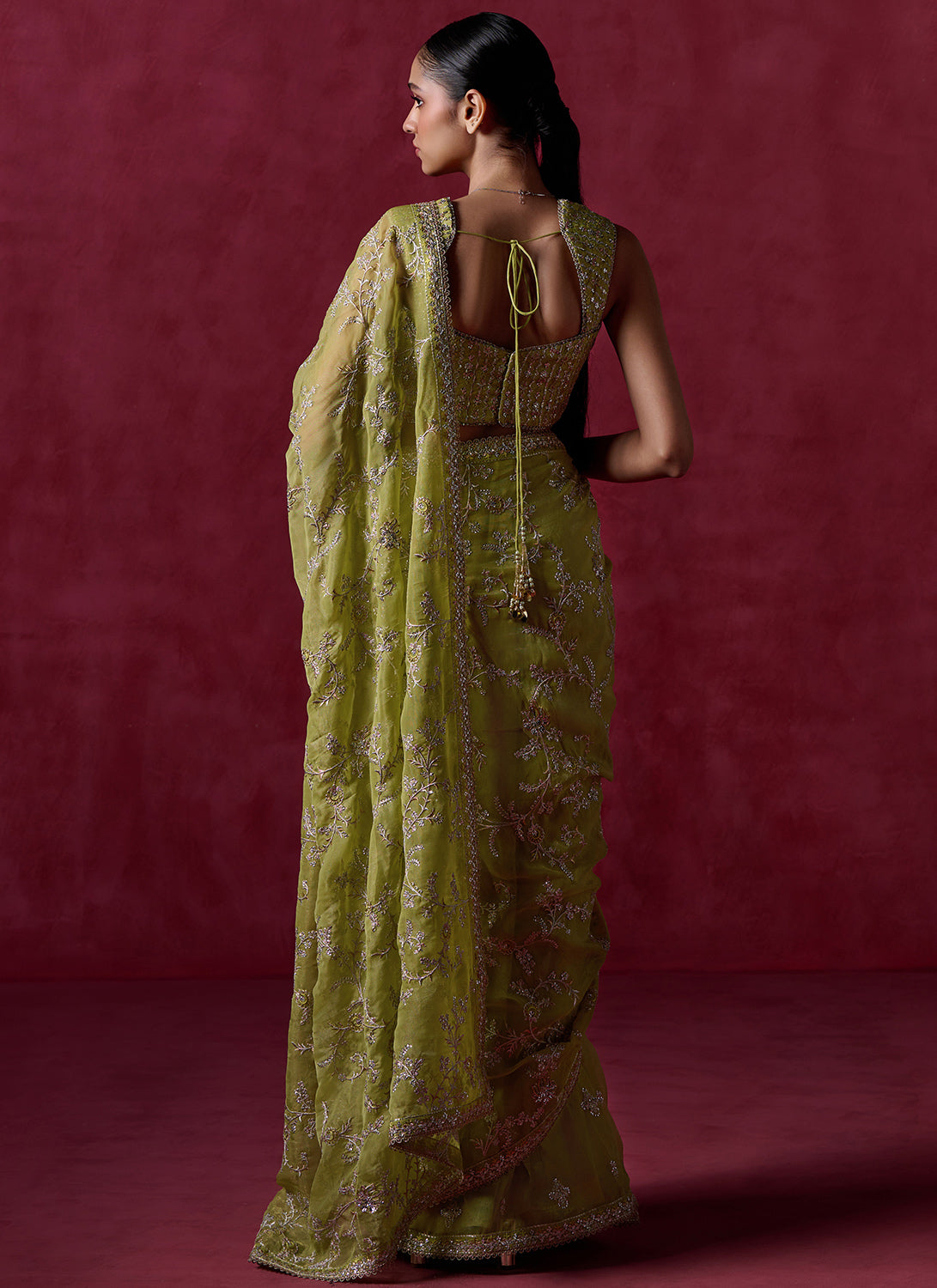 Lime Green Embroidered Net Saree