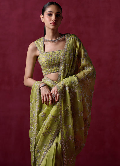 Lime Green Embroidered Net Saree