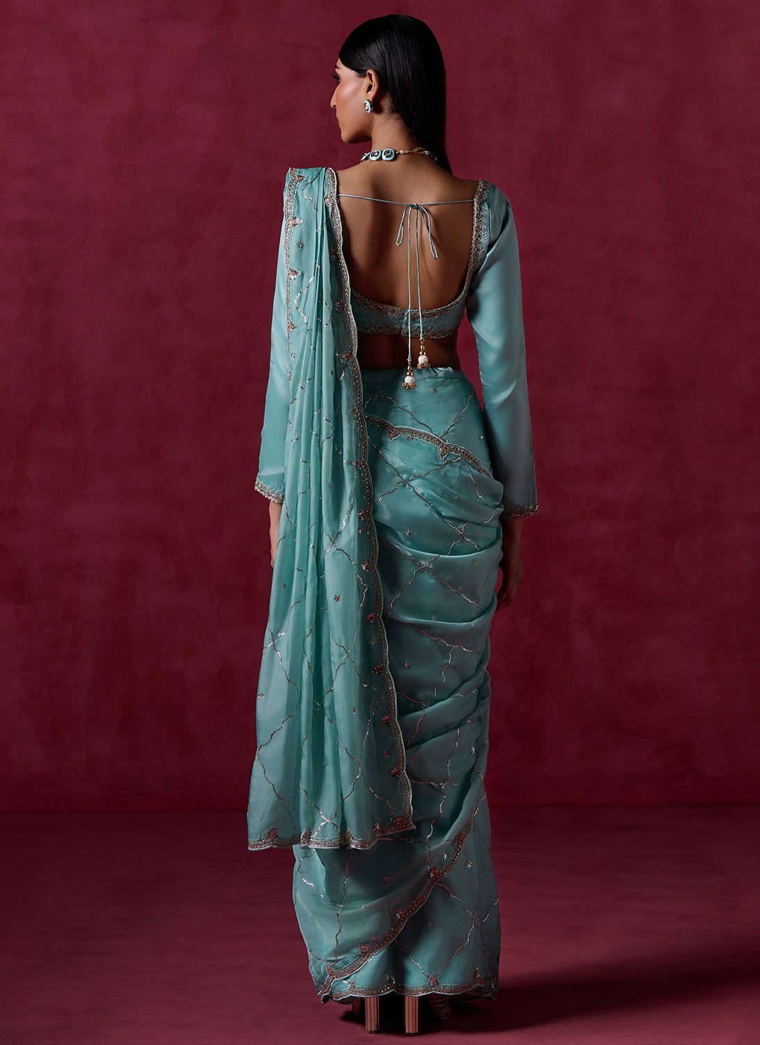 Mint Green Embroidered Silk Saree