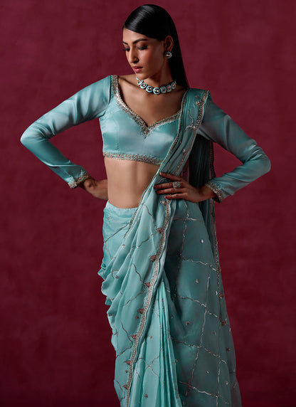 Mint Green Embroidered Silk Saree