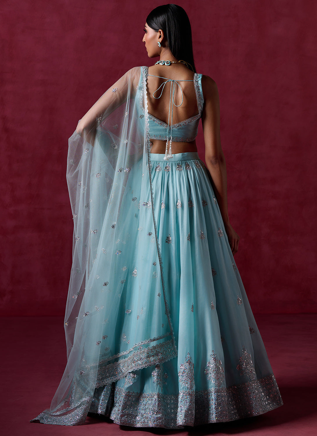 Sky Blue Embroidered Crepe Lehenga