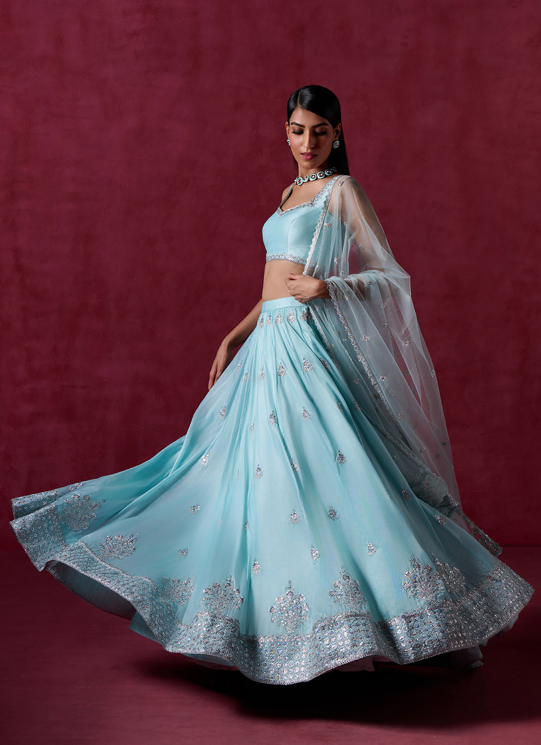 Sky Blue Embroidered Crepe Lehenga