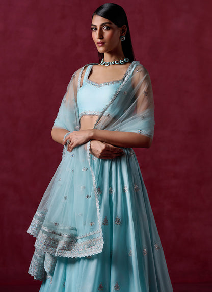 Sky Blue Embroidered Crepe Lehenga