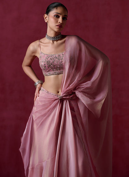 Rose Pink Embroidered Net Saree