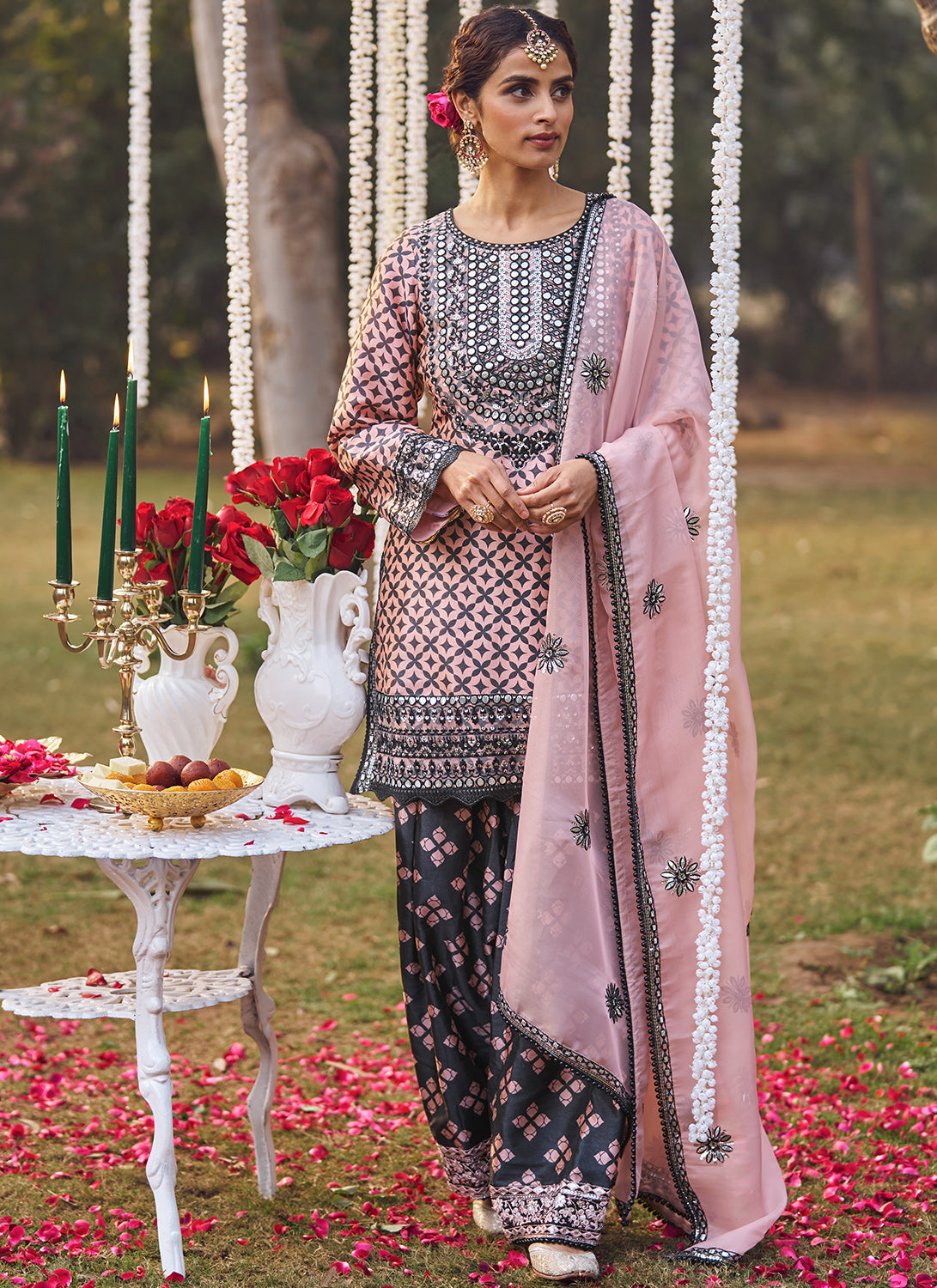 Pink and Black Embroidered Patiala Suit