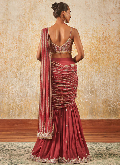 Dusty Wine Embroidered Gharara Style Saree