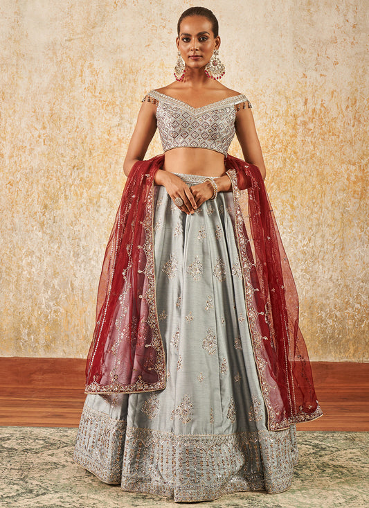 Grey and Maroon Embroidered Lehenga