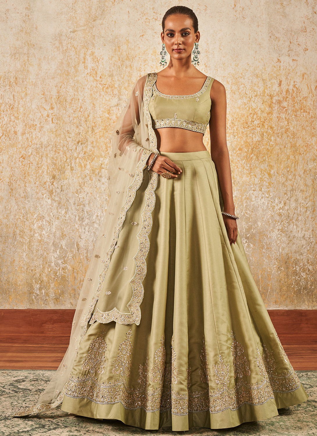 Light Dusty Green Embroidered Lehenga