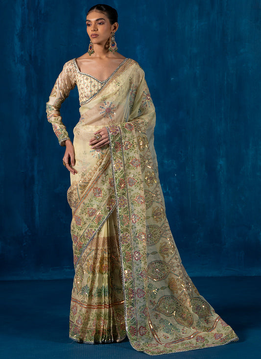 Light Yellow Embroidered Organza Saree