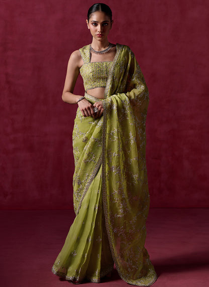 Lime Green Embroidered Net Saree