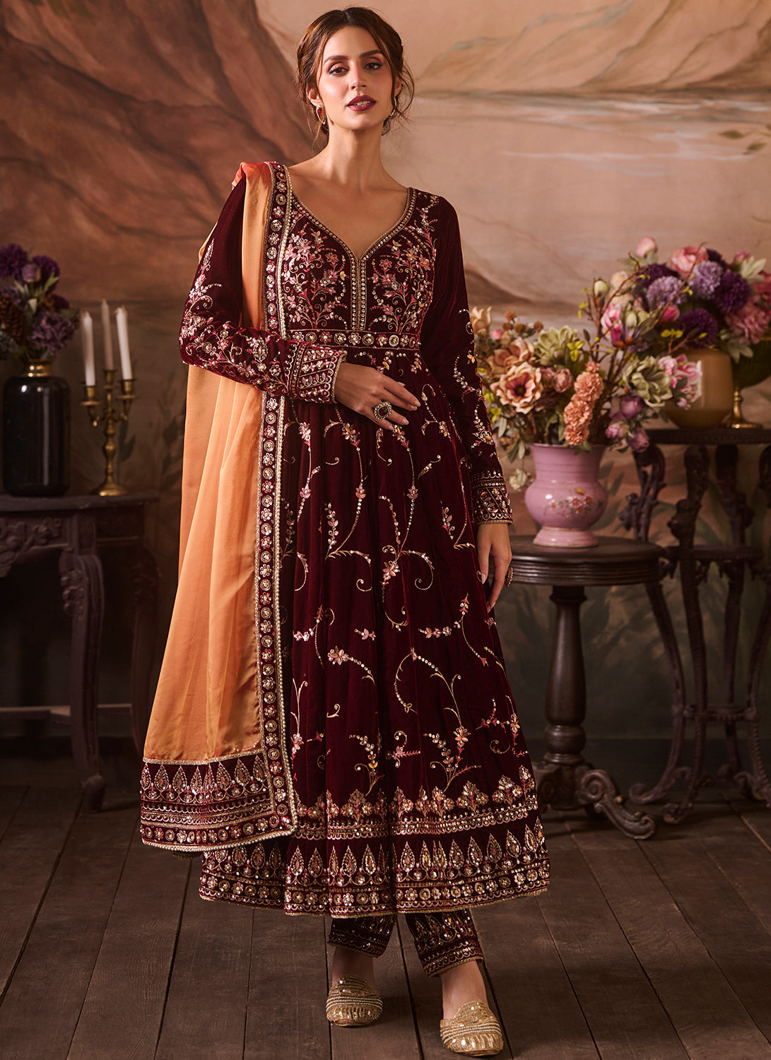 Maroon Embroidered Velvet Anarkali