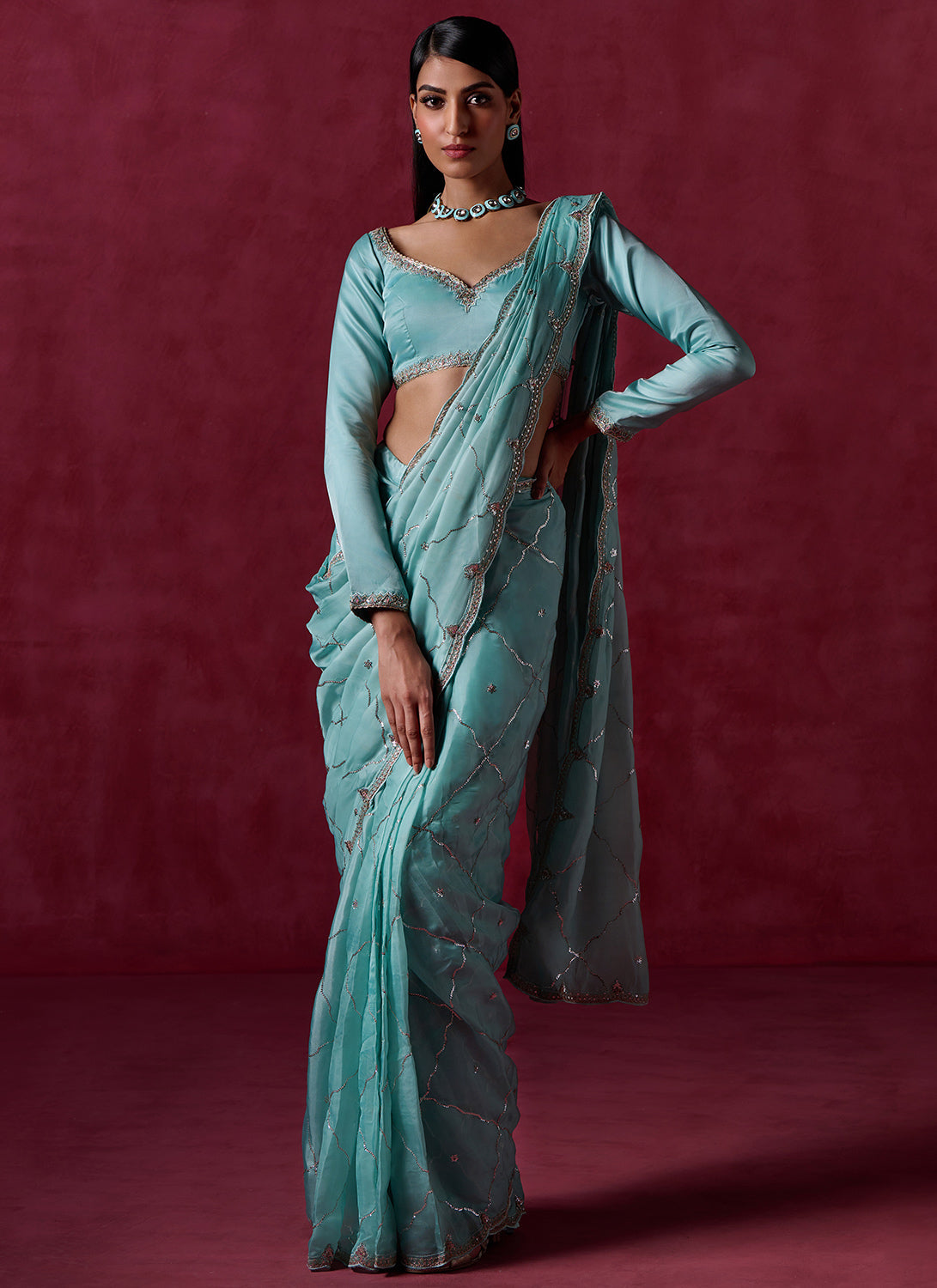 Mint Green Embroidered Silk Saree