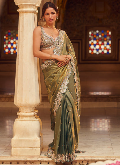 Moss Green Embroidered Silk Saree