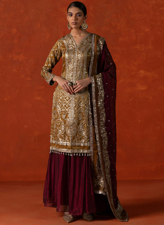 Mustard and Mulberry Embroidered Sharara Suit