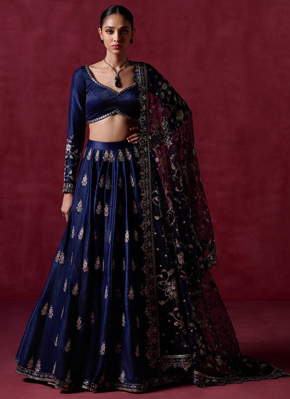 Navy Blue Embroidered Satin Lehenga