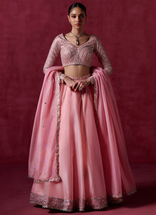 Peach Embroidered Crepe Lehenga