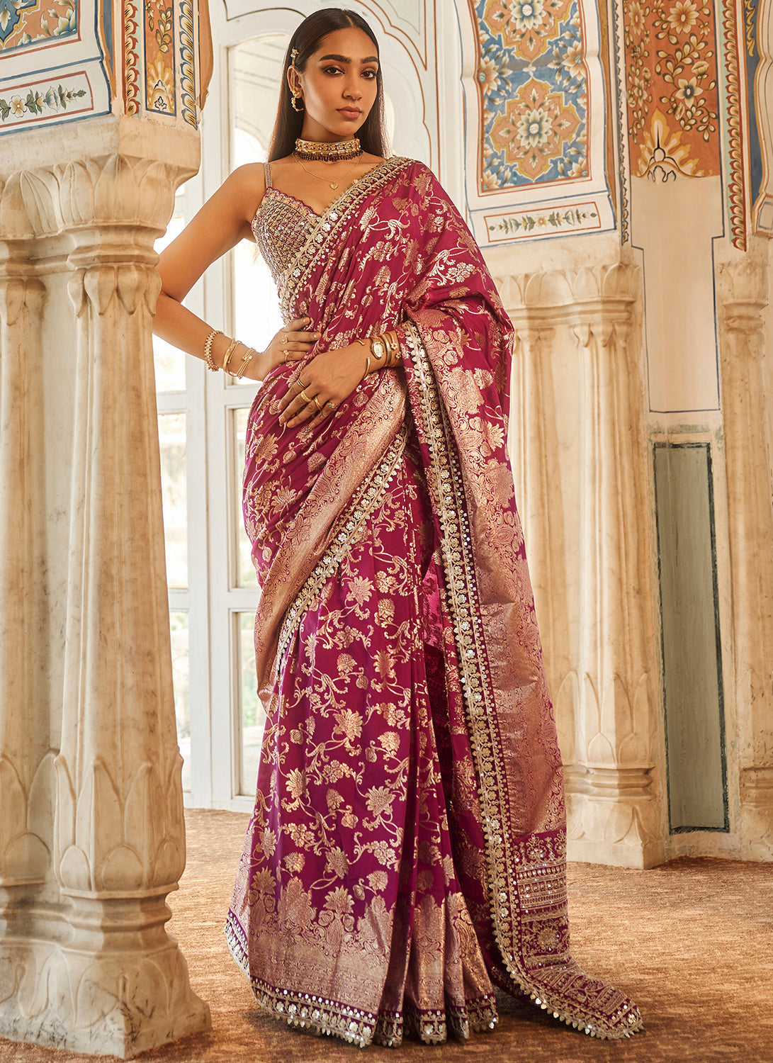 Purple Embroidered Brocade Saree