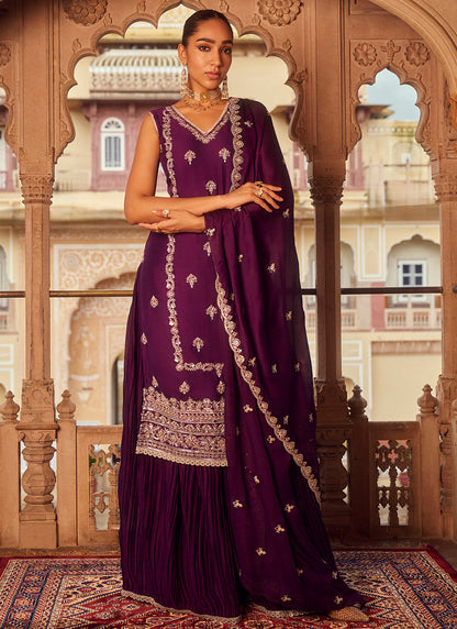 Purple Embroidered Chiffon Palazzo Suit