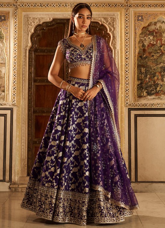 Purple Embroidered Brocade Lehenga