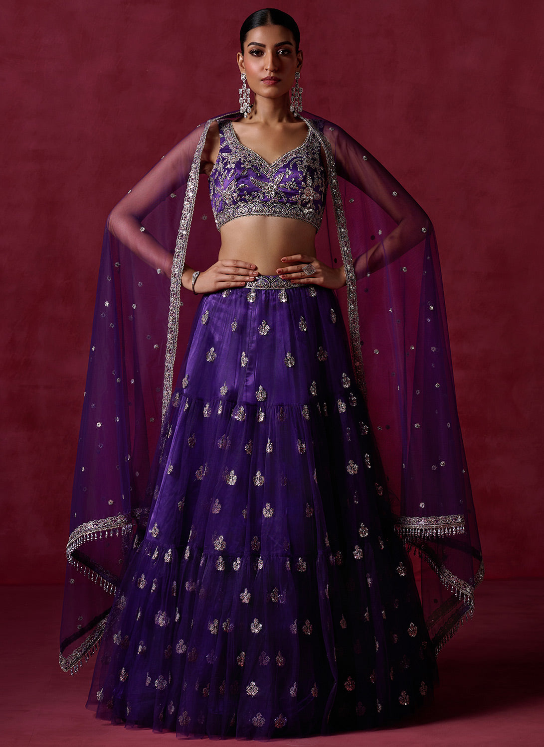 Purple Embroidered Net Lehenga