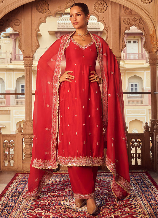 Red Embroidered Organza Straight Suit