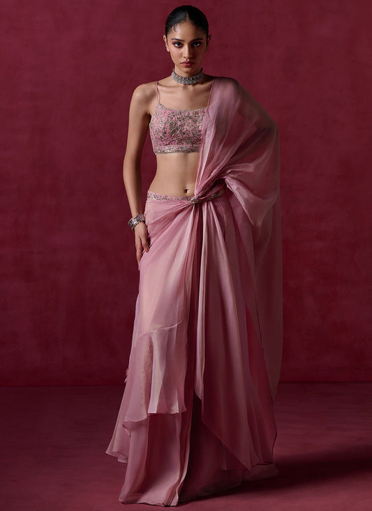 Rose Pink Embroidered Net Saree