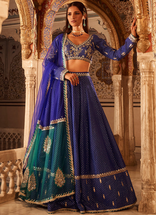 Royal Blue Embroidered Brocade Lehenga