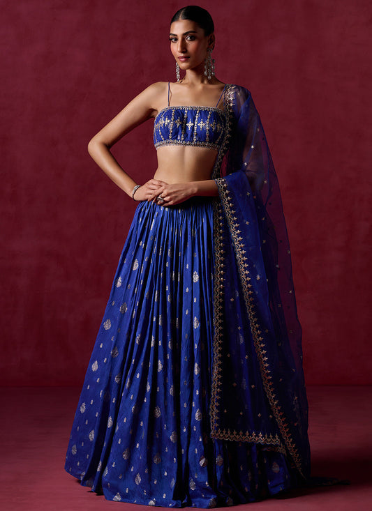 Royal Blue Embroidered Brocade Lehenga