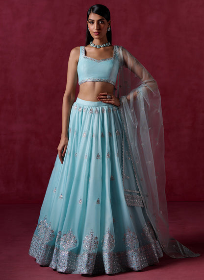 Sky Blue Embroidered Crepe Lehenga