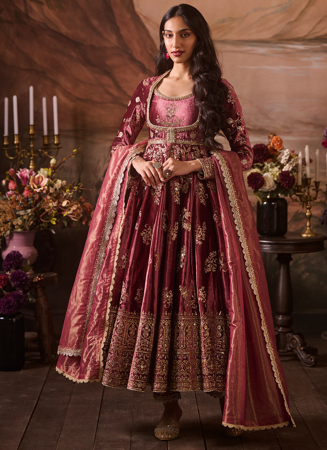 Dusty Pink Embroidered Velvet Anarkali