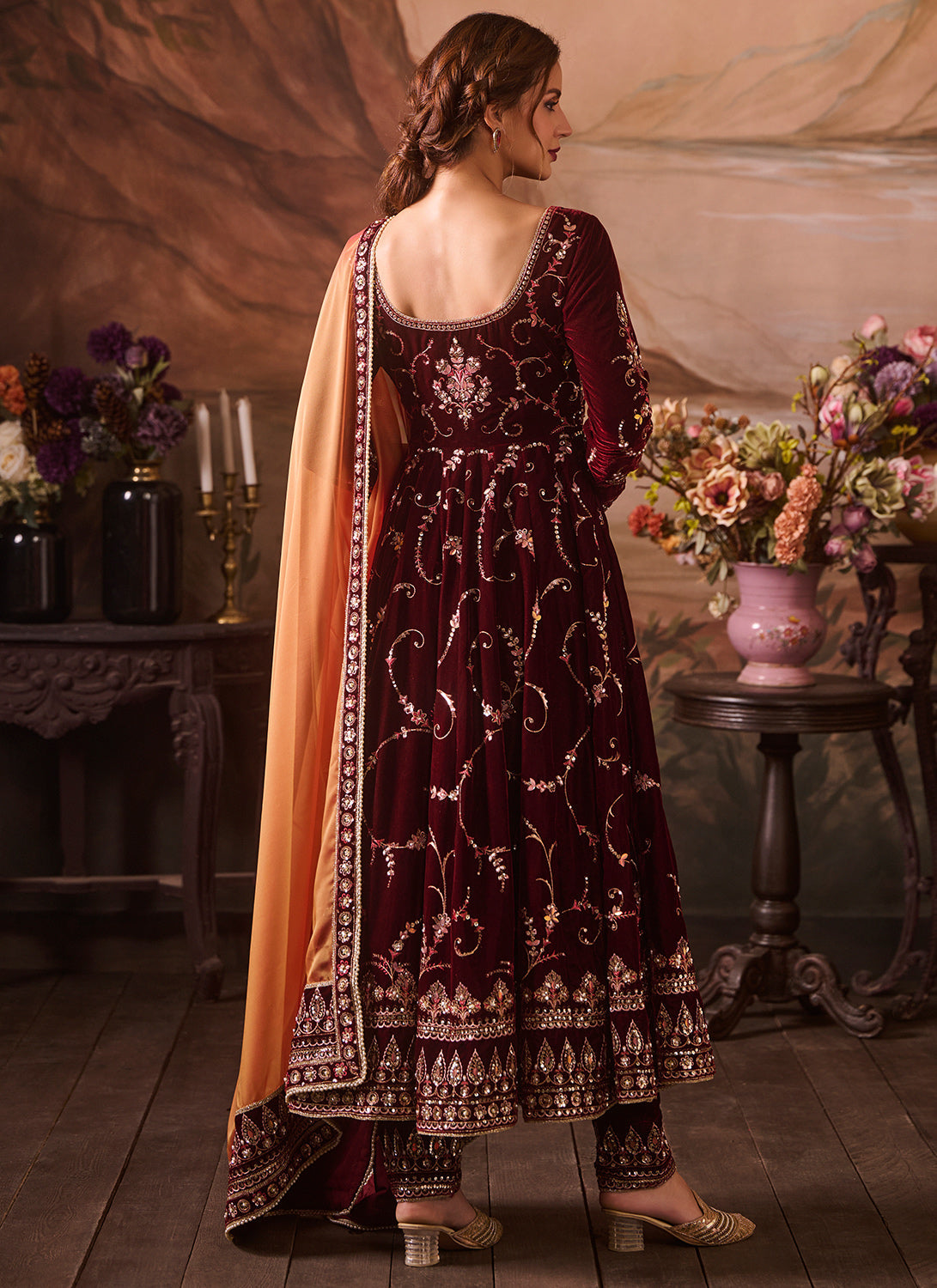 Maroon Embroidered Velvet Anarkali